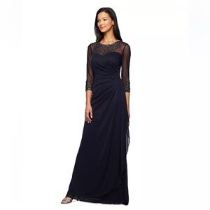NWT Alex Evening Dress Elegant Navy Beaded Illusion-Sleeve Evening Gown Wedding